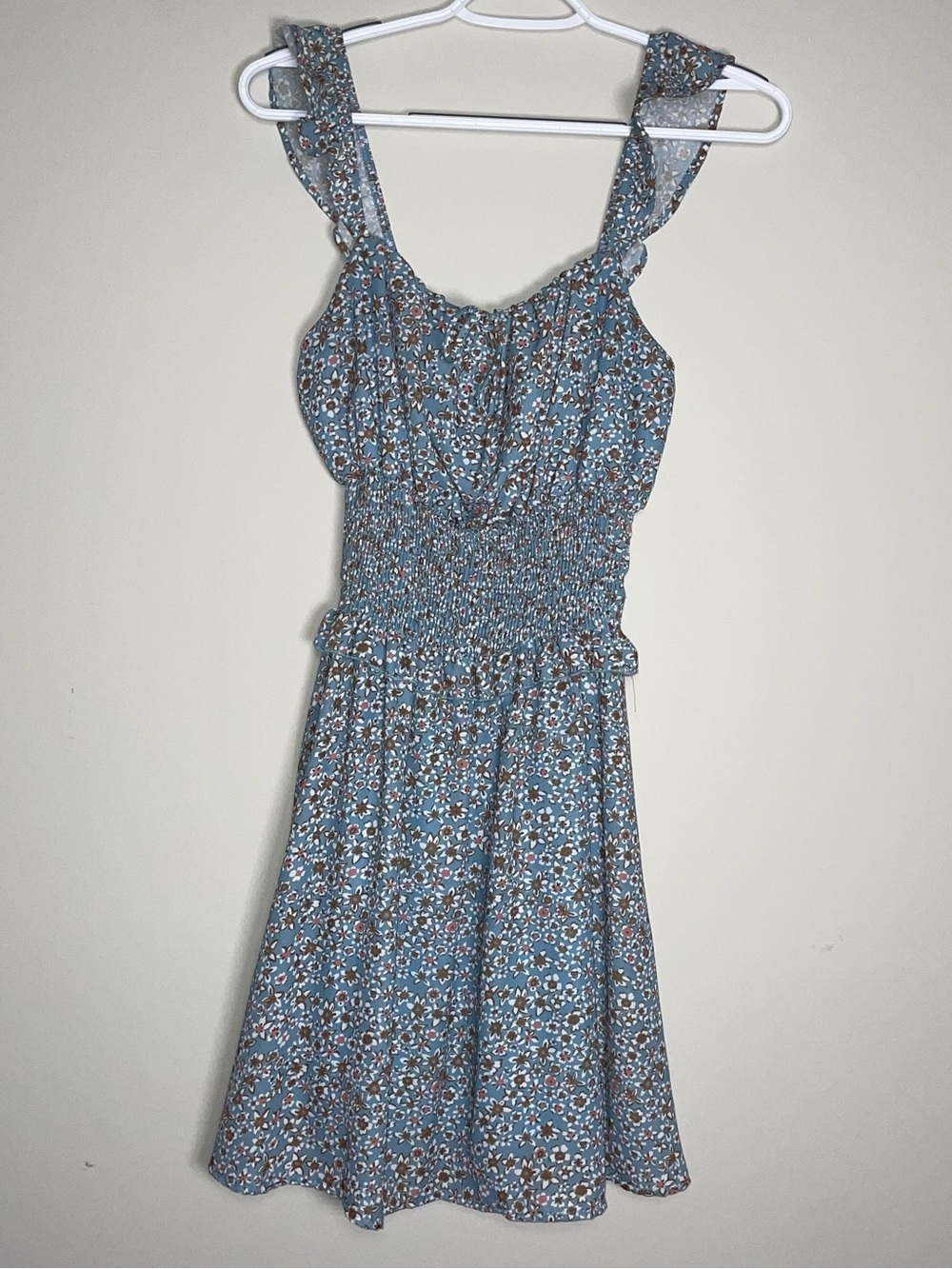Altar’d State XS Blue Ruffle Hem Floral Pattern Fit N Flare Mini Dress Boho